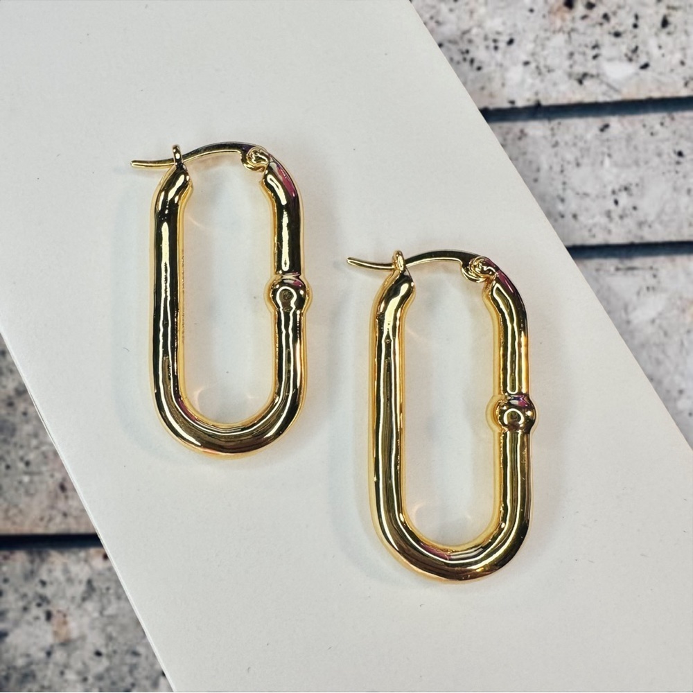 NEW Yellow Gold-Plated 925 Sterling Silver Thick Oval Bubble Accent Hoops